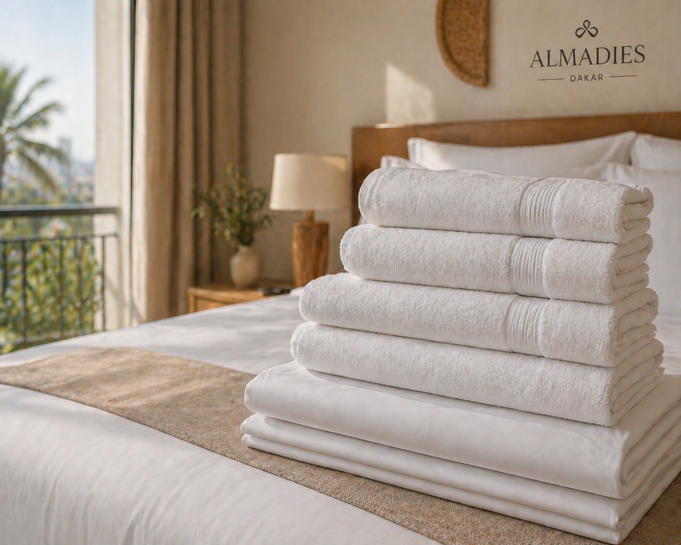 Pile de serviettes et draps blancs Washup pour service blanchisserie linge de maison