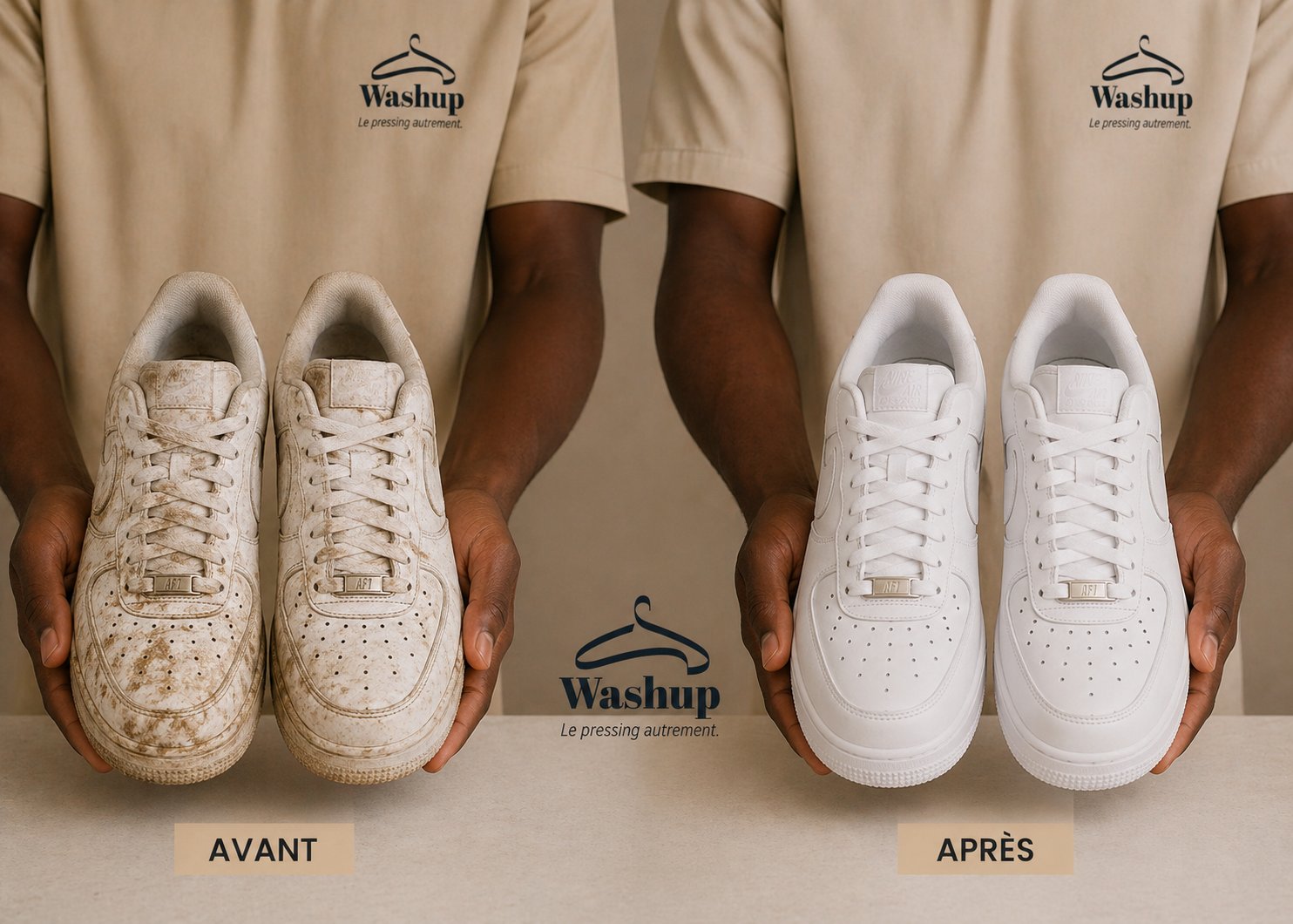 Chaussures Washup avant/après — restaurées et lustrées