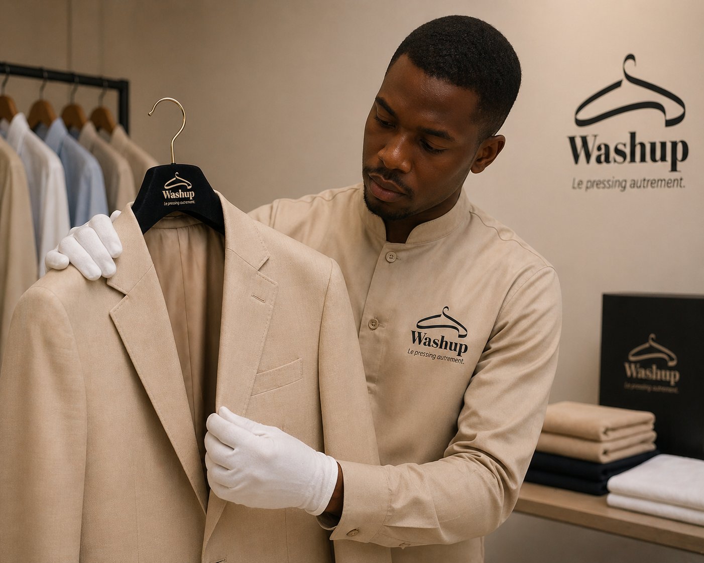 Costume premium Washup détaché et pressé avec finition haut de gamme