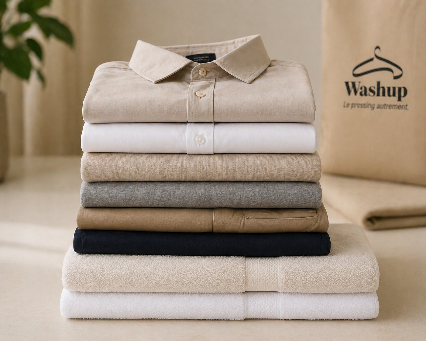 Détail des finitions soignées Washup — repassage et pliage