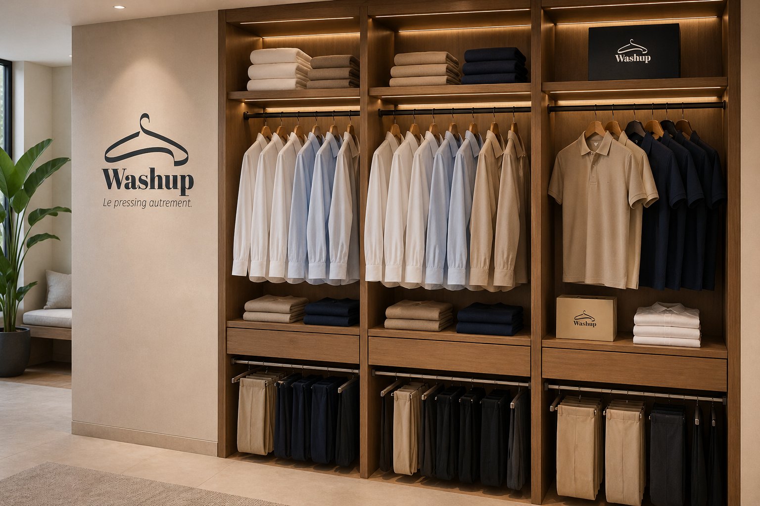 Vêtements Washup soigneusement stockés et organisés sur cintres